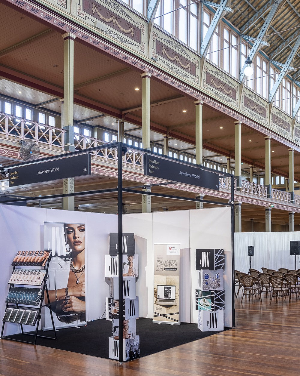 Exhibition stand with promotional materials at the Royal Exhibition Building
