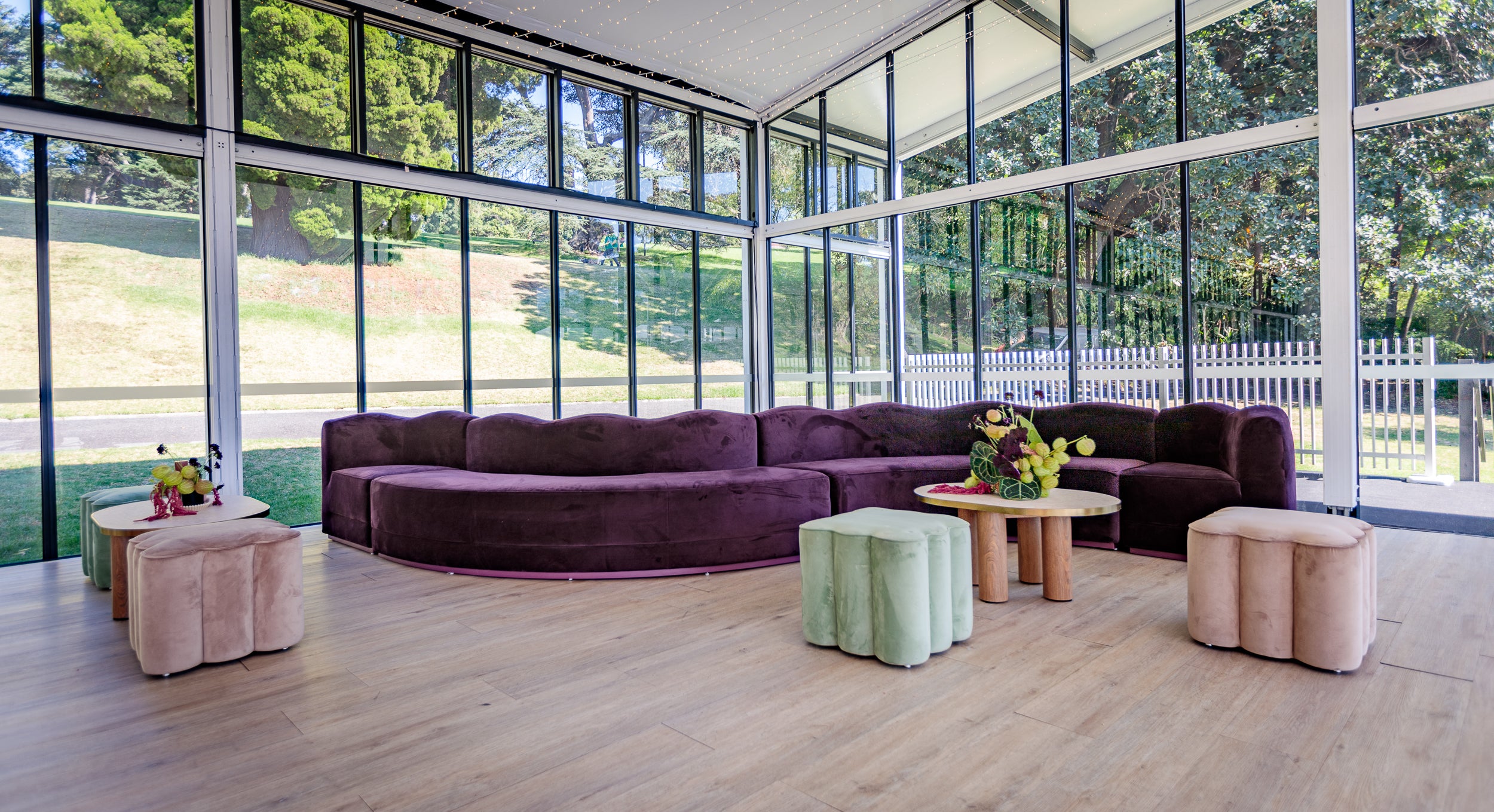 Interior Shot of our Alto Marquee at Dog Flat, with out Camille Sofa, Rosetta ottomans and Siena coffee table