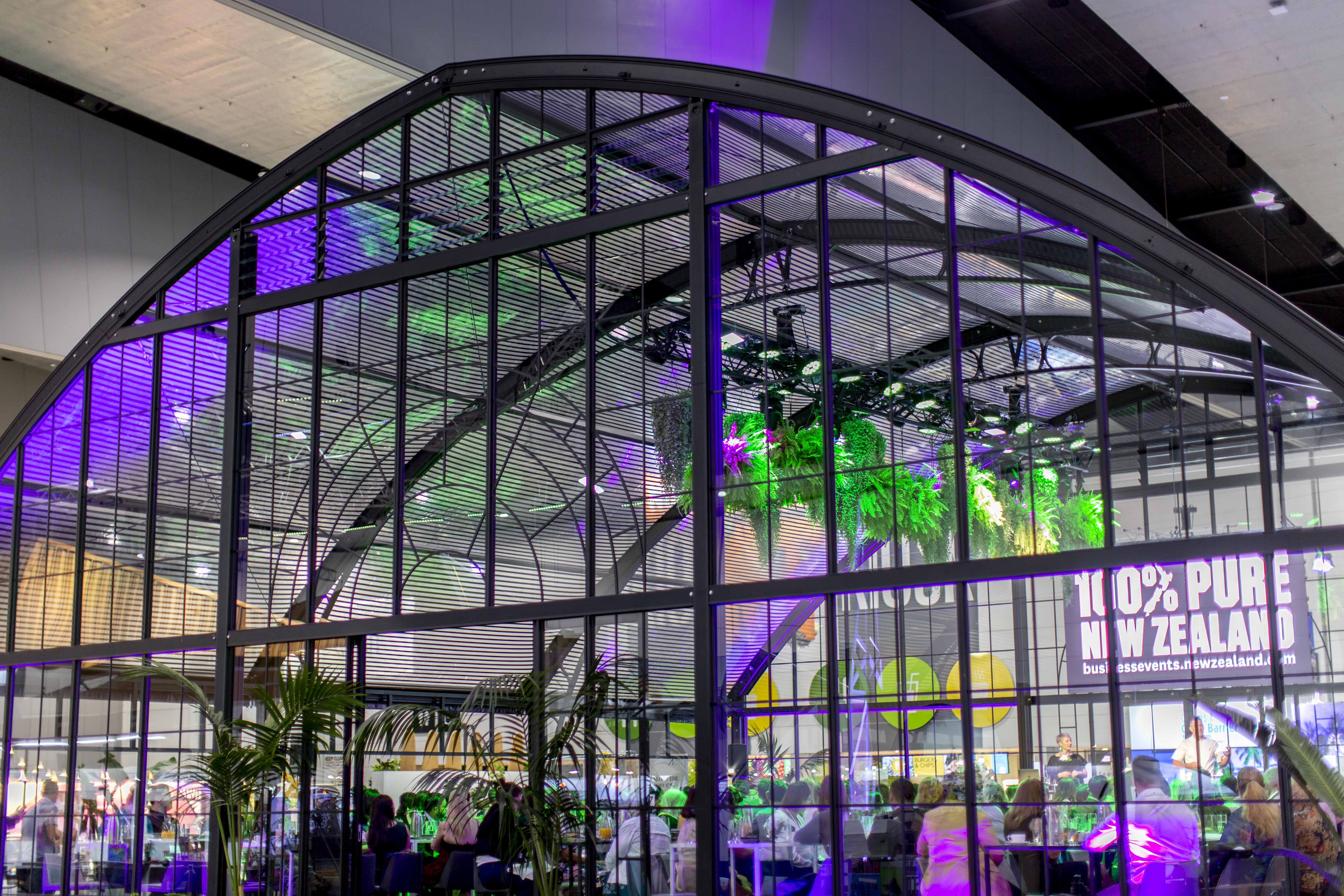 Atrium Marquee with a large glass facade and interior lighting used for an expo stand at MCEC in Melbourne