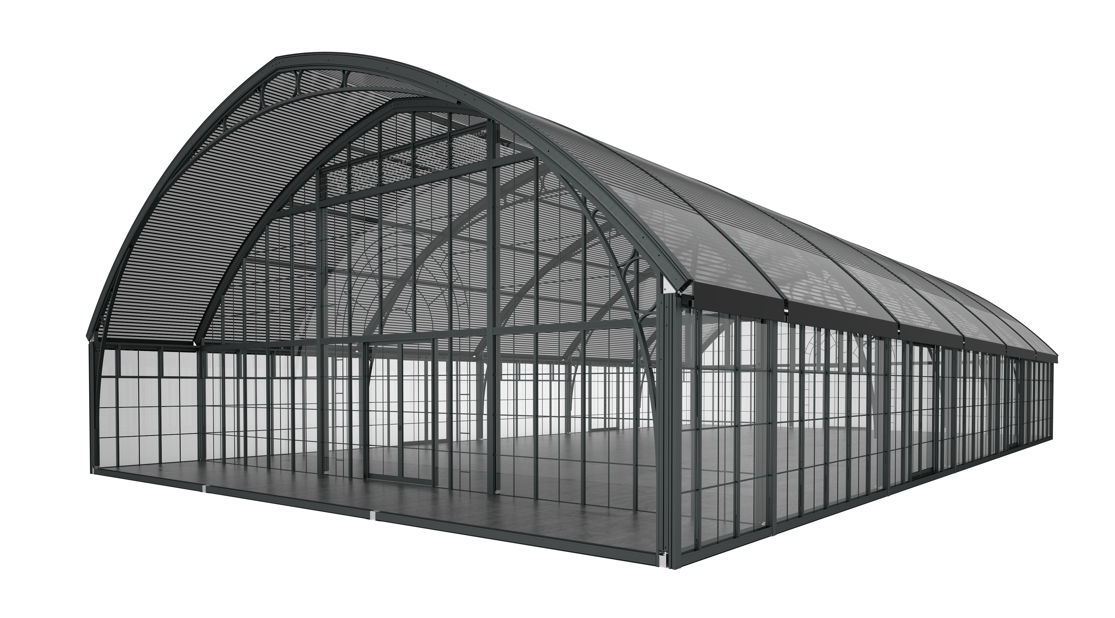 Atrium marquee render with black truss and frame and glass walling