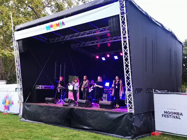 1 Day - Smart Stage 8m Wide X 6m Deep X 6m High roof. Black roof with side and rear walls.