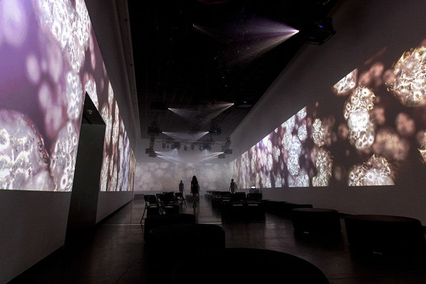 Modern art gallery with projected abstract patterns on walls and ceiling.