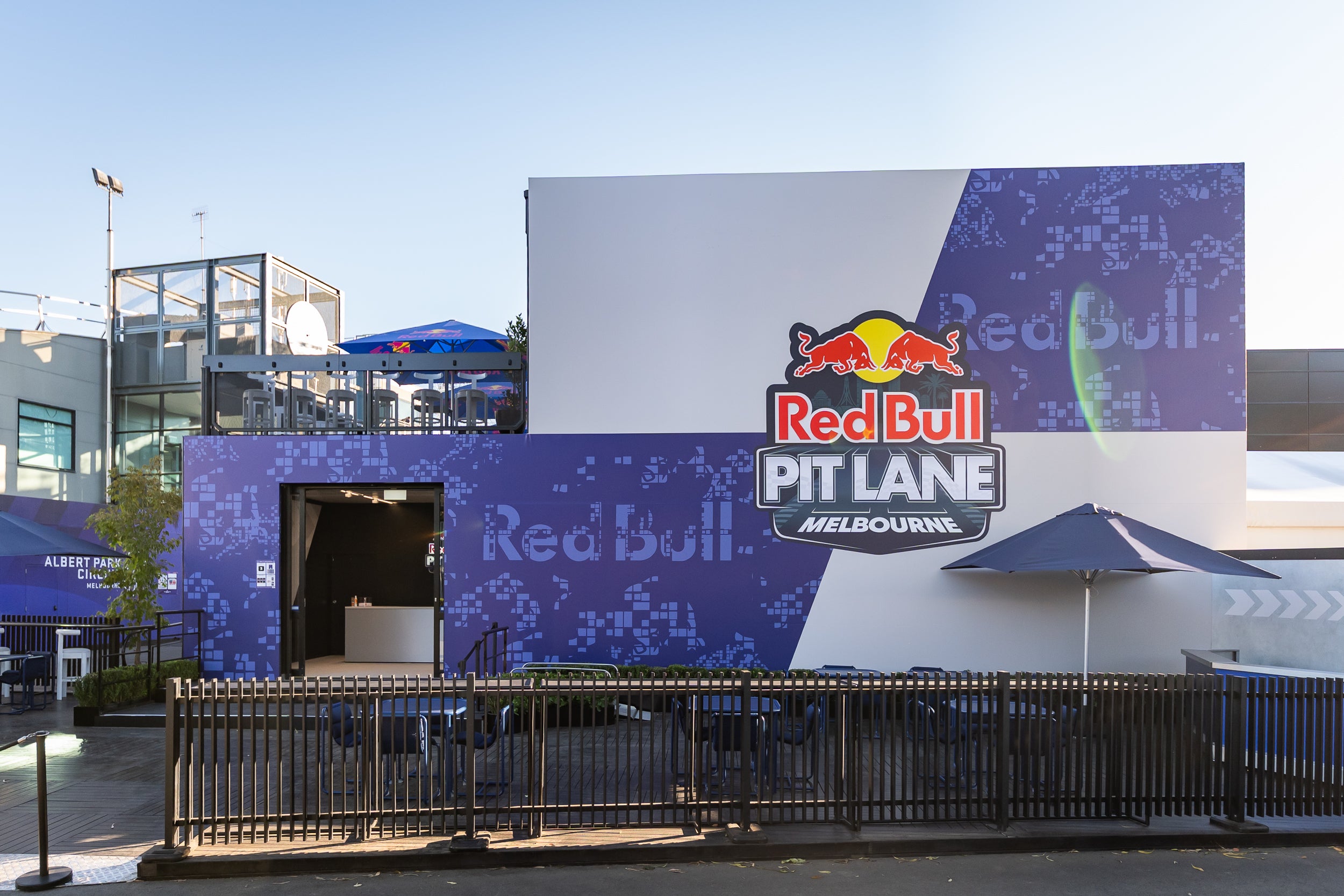 Red Bull Pit Lane Melbourne with branding on a building facade