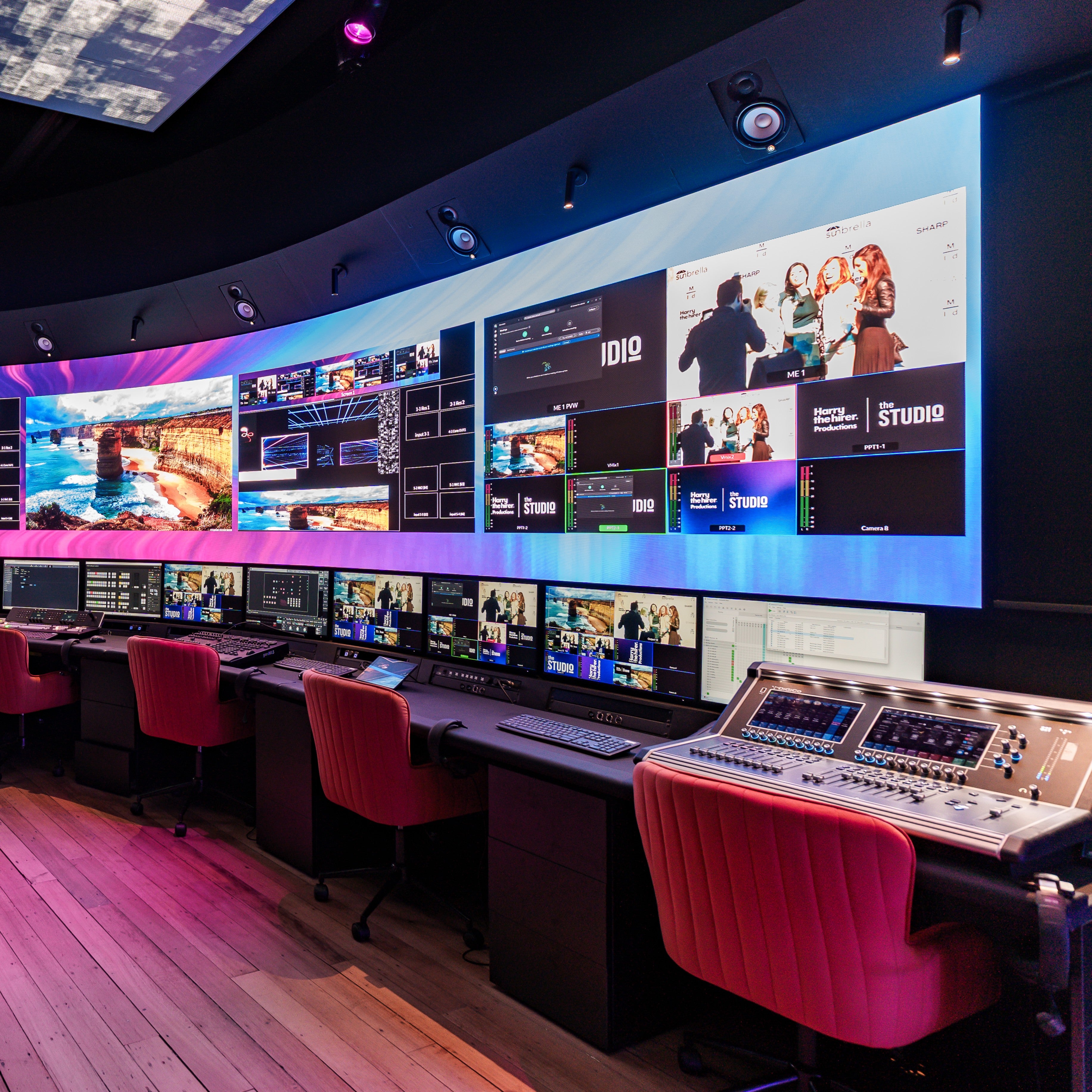 The Studio control room with multiple monitors displaying video feeds and control panels. Taken in our Abbotsford Studio in Melbourne