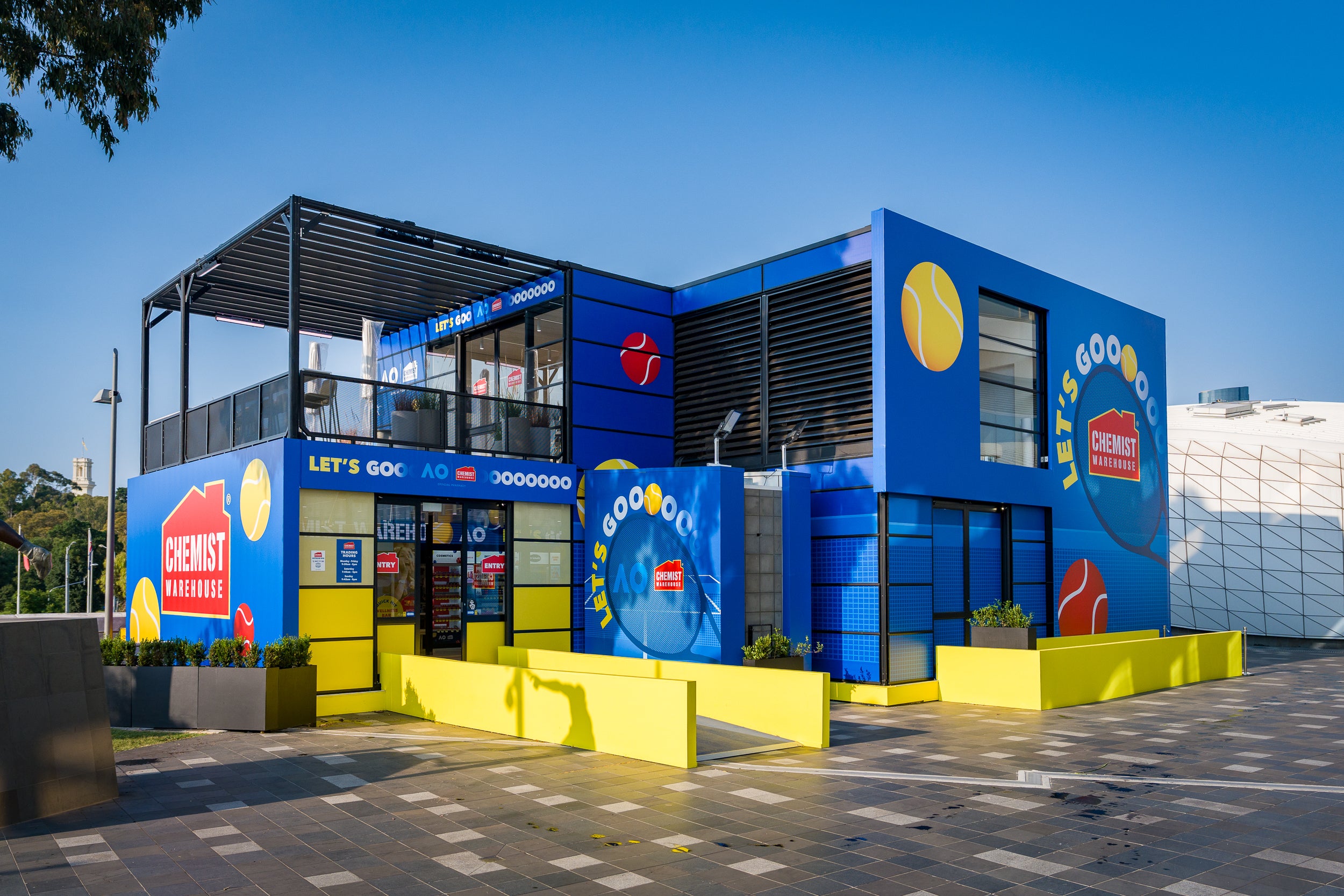 Colorful marquee for Chemist Warehouse at Australian Open.