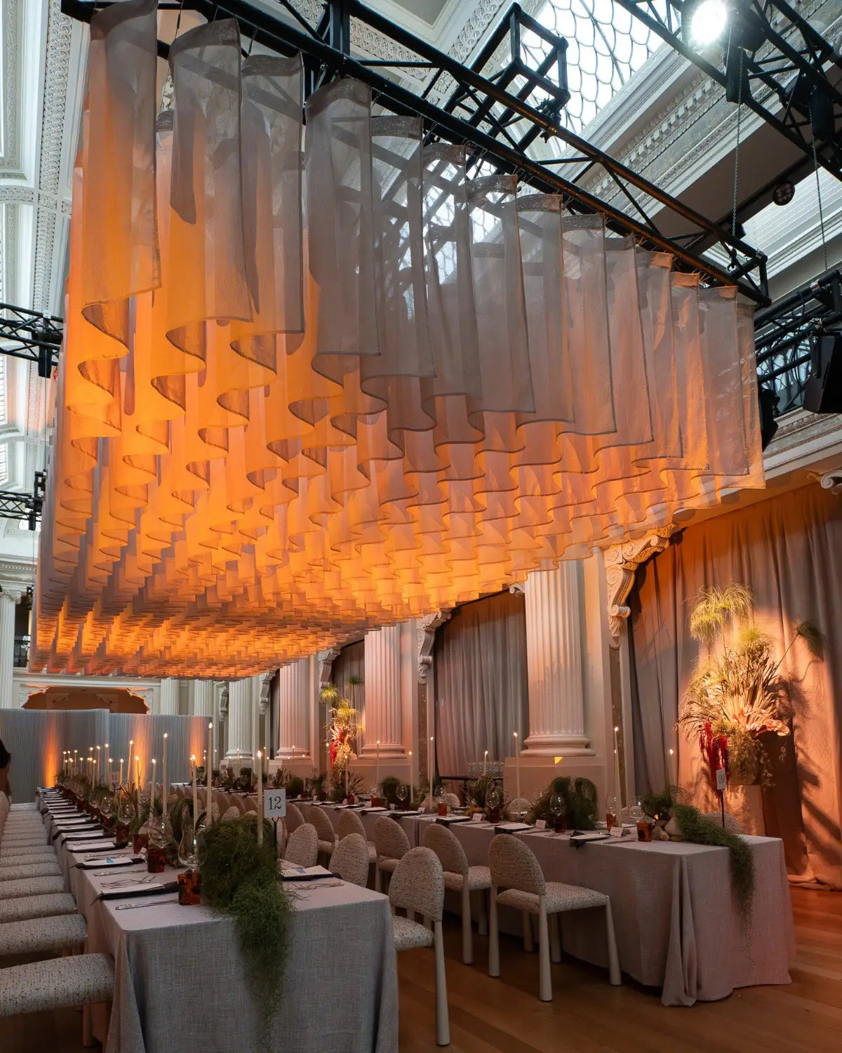 Decorative hanging fabric with geometric pattern in a private dinner