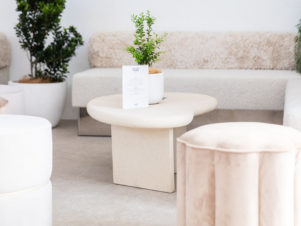 Modern seating area with beige sofa, coffee table, and decorative plants for AFL September Club