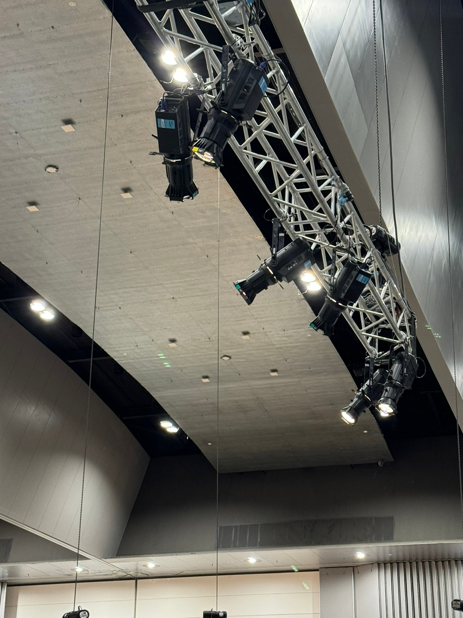 Ceiling with lighting fixtures and truss structure