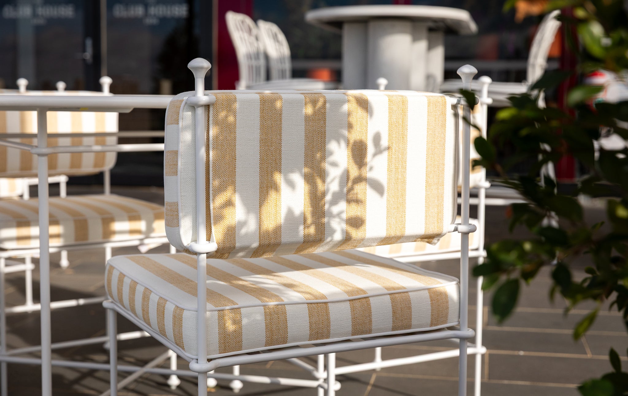 Gigi Chair with striped cushions in an outdoor setting