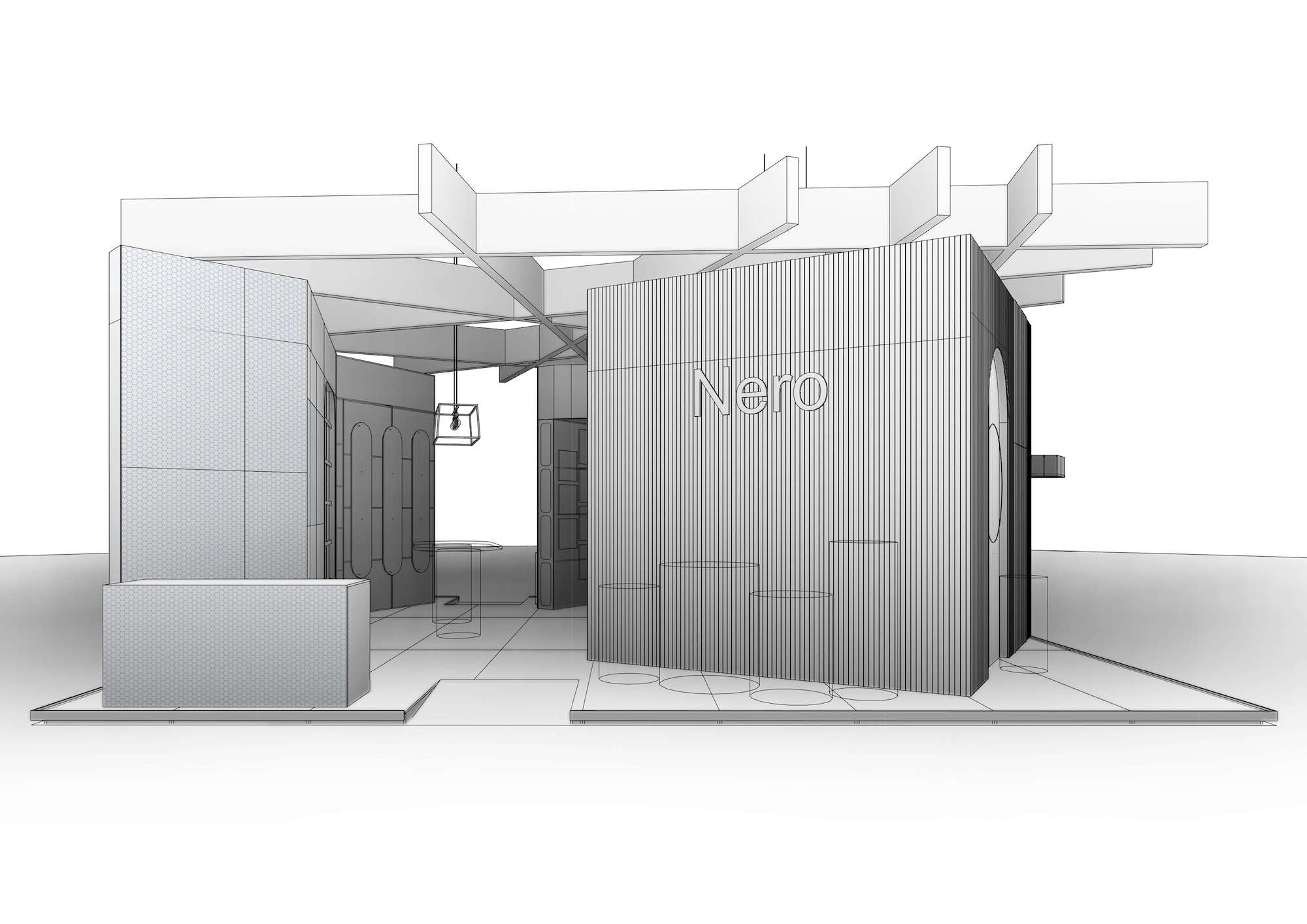 Architectural model of an expo stand with 'Nero' branding on a white background