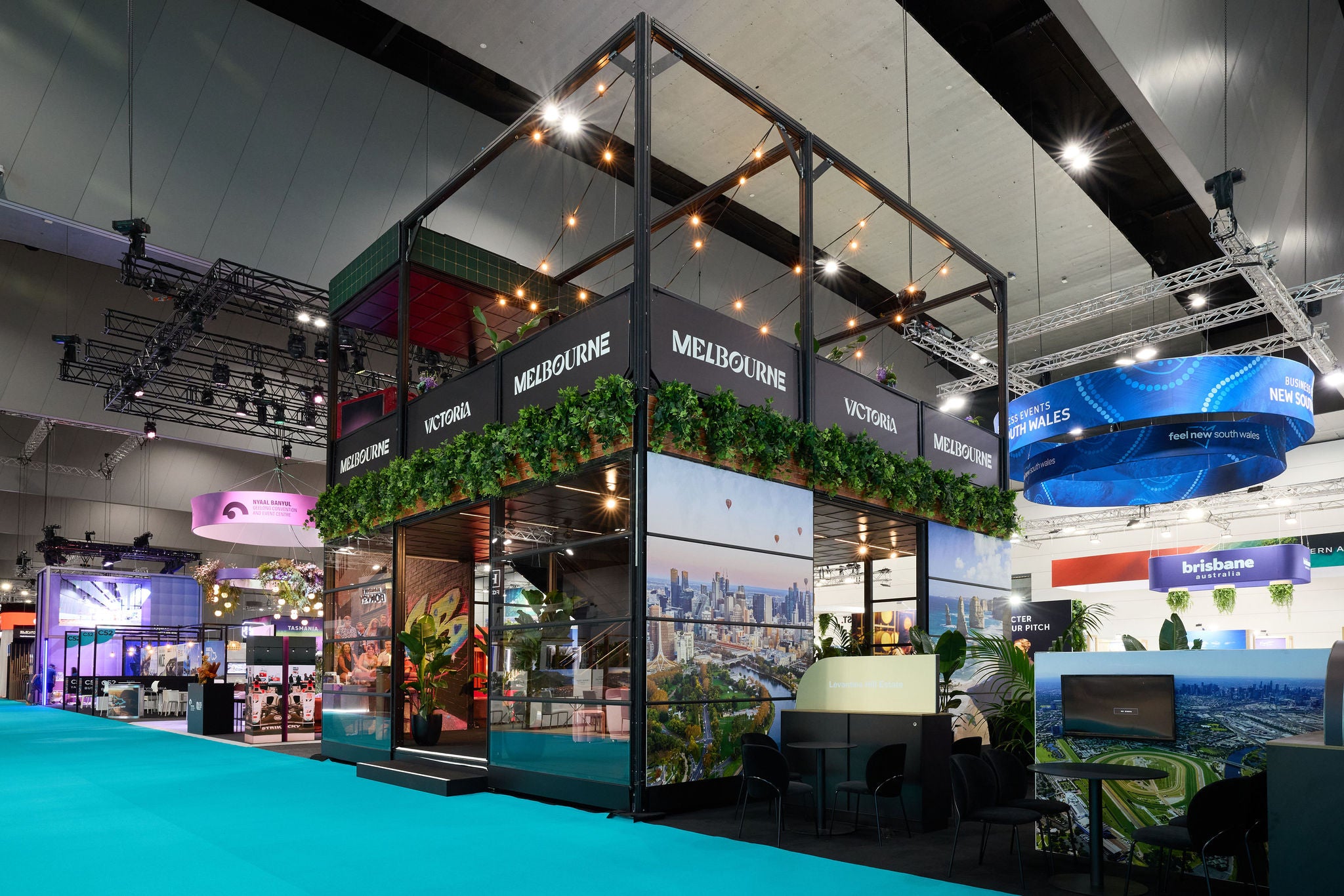 Exhibition Highline booth with 'Melbourne' branding at a trade show.