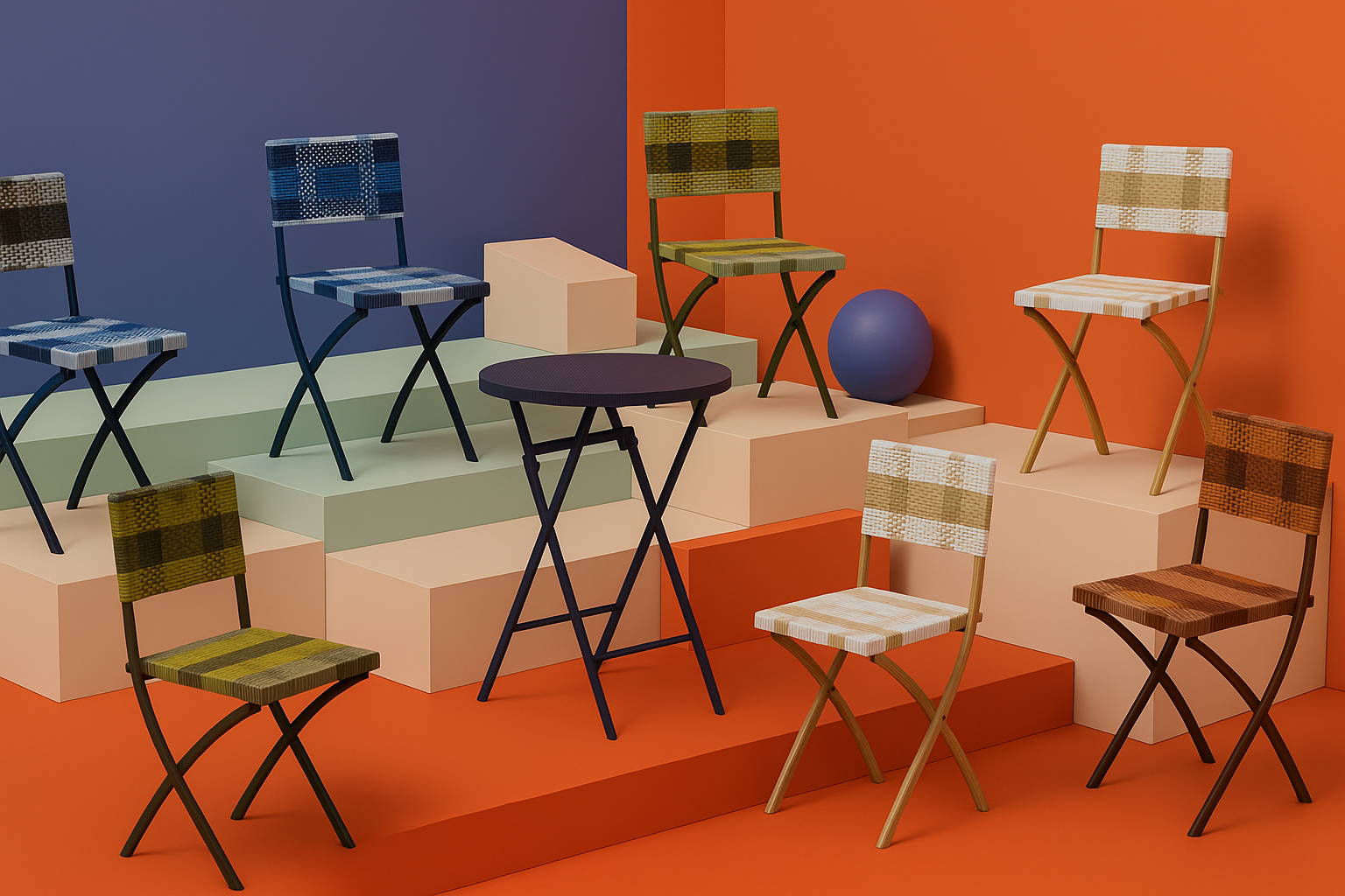 Colourful 2025 event furniture and hire pieces arranged in a styled scene. Pictured: Cleo Range (Chairs & Table)